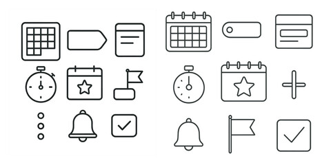 Collection of icons for a calendar app. The icons include a calendar, a bell, a star, a clock, and a flag. The icons are all in black and white, giving the app a minimalist and modern look