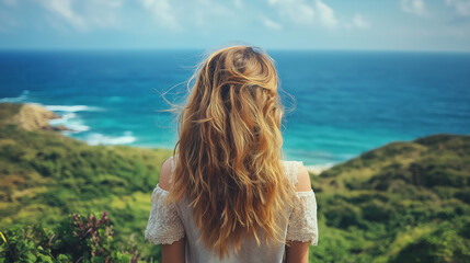 Back view of a dreamy woman traveler with wavy hair standing on a green hill. Perfect for travel, freedom, and mindfulness stock themes.
Generative AI.