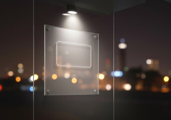 Photo of a clear acrylic sign mockup is illuminated at night with city lights