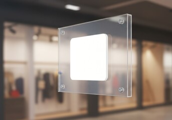 Photo of a clear glass sign with a square cutout hangs in front of a blurred store