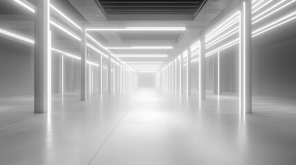 Futuristic Hallway in Monochrome: An infinite monochrome hallway illuminated by neon lights in photorealistic futuristic setting.