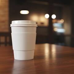 Photo of a white paper coffee cup sits on a wooden table in a cafe