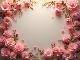 Delicate Pink Paper Flowers Arranged in a Frame on a Beige Background Elegant Floral Border Design with Intricate Details and a Soft Romantic Aesthetic