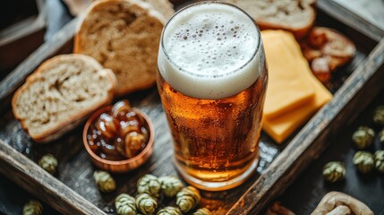 Craft beer food pairing composition showing golden brew in textured glass on weathered wood board with aged cheese bread and hops