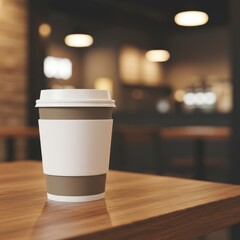 Photo of a paper coffee cup with a white sleeve sits on a wooden table in a cafe