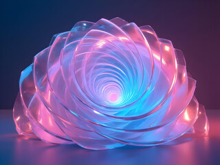 Abstract 3 D Background Featuring a Pink and Blue Glass Spiral Tunnel Structure with a Glowing Inner Light Source Creating a Futuristic and Dreamlike Atmosphere