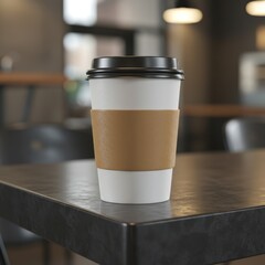 Photo of a paper coffee cup with a brown sleeve on a dark table
