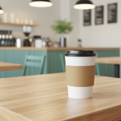 Photo of a paper coffee cup with a brown sleeve sits on a wooden table
