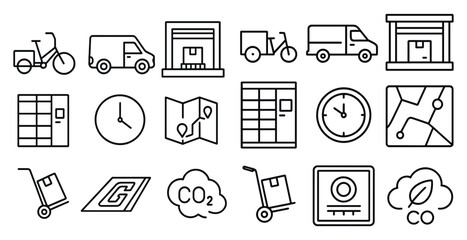 Collection of icons for various modes of transportation and delivery services. The icons include a bicycle, a truck, a van, a bicycle with a box on it, a bicycle with a box on it