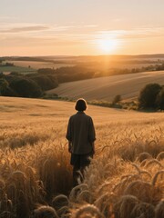Fototapeta premium A person stands in a wheat field, facing a beautiful sunset over rolling hills.