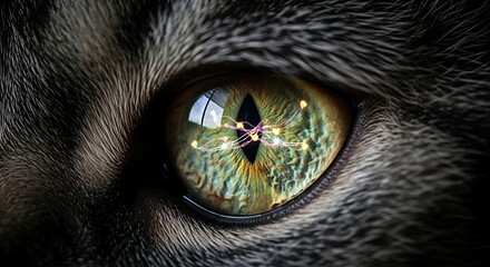 Close-up of a cat's eye with a reflection of a person in a green environment