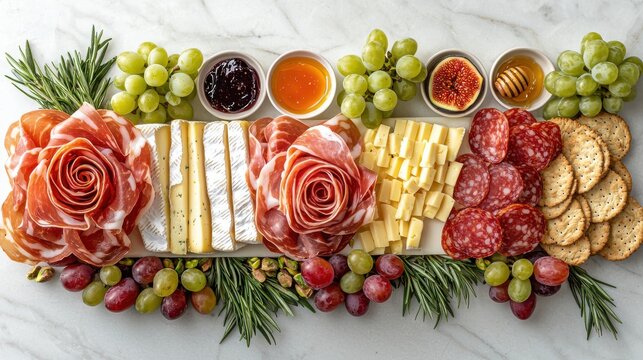 Grazing table elegant spread featuring rolled meat flowers, blue cheese wedges, crackers and fruit clusters in natural lighting - Powered by Adobe