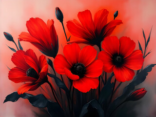 Vivid Red Poppy Flower Abstract Painting Dark Leafy Greens Soft Peach Background Bold Color Palette Intense Red Hues Floral Art