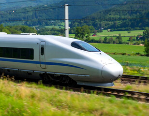 Fototapeta premium Sleek, silver highspeed train speeding through a vibrant green landscape. Illustrates modern transit, efficiency, and travel. Ideal for transportation, tech, nature themes.