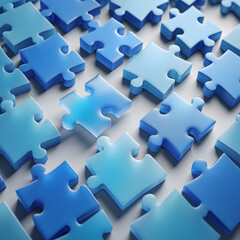 Scattered Light Blue Glass Puzzle Pieces on a White Surface One Piece Slightly Lighter in Color Than Others Creating a Pattern of Interlocking Shapes