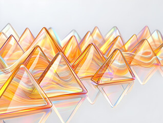 Abstract Composition of Iridescent Orange Glass Triangular Pyramids on Reflective Surface triangles