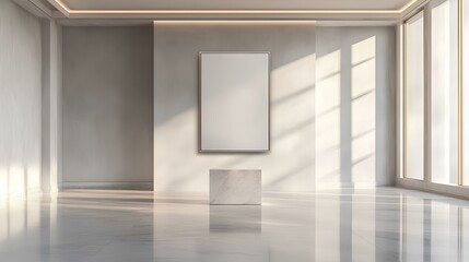 Fototapeta premium Modern Minimalist Gallery Space: A sleek, sunlit room with a blank canvas, radiating a sense of tranquility and potential. The space embodies the essence of refined design.