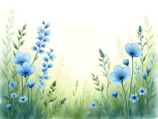 Watercolor Painting of Light Blue Flowers in a Green Field Soft Pastel Colors Delicate Floral Landscape Botanical Illustration
