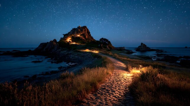 A path leads to a rocky island under the starry night