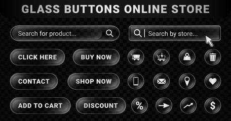 Set of user interface transparent buttons online store or shop on a liquid glass style. UI purchase symbol blur effect collection. Add to cart, shop now, click here icons