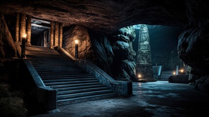Exploring an ancient underground temple mysterious cave 3d render dark environment dramatic lighting