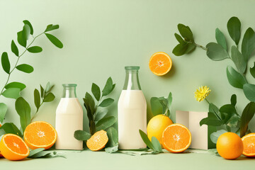 Refreshing citrus and milk composition with bright green foliage on pastel background, evoking natural vitality and modern minimalism