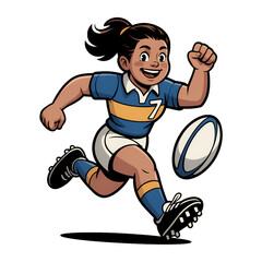 Young athlete showcases determination while running with rugby ball on field during afternoon practice session