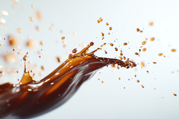 A mid-motion splash of glossy dark chocolate in the air. The image captures smooth, elegant arcs and droplets in a dynamic and visually pleasing composition.