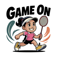 Young girl enthusiastically playing badminton while running on the court during a bright sunny day