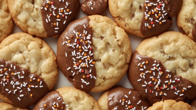Surface of chocolate dipped cookies with sprinkles, sweet dessert trea