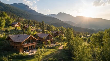 Scenic view of rustic wooden cabins nestled in a mountainous landscape at sunset.
