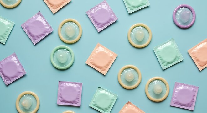 Condoms in Pastel Wrappers on Blue Background