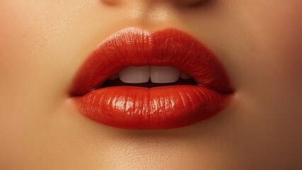 Surface of close-up red lips slightly open with shiny smooth lipstick,