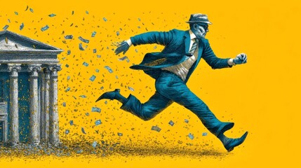 Stylized illustration of a businessman in a suit and fedora running from a bank with money flying in the air, set against a bright yellow background.