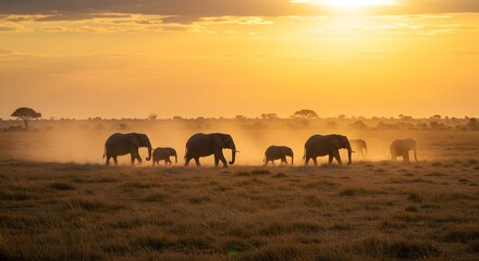 African Elephant Herd Walking Through Golden Savanna at Sunset, Kicking Up Dust