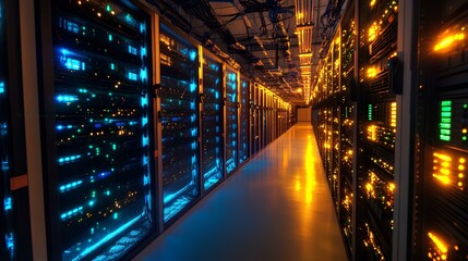 Data Center Corridor: An expansive, high-tech data center corridor pulses with a futuristic aesthetic, illuminated by rows of vibrant servers that hum with activity.
