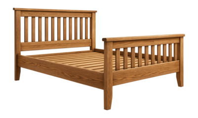 Rustic wooden bed with slatted side rails for a countryside cottage.