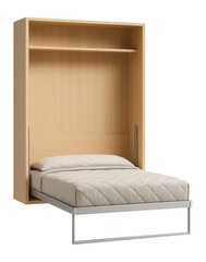Murphy bed with retractable rails for a multipurpose living space.