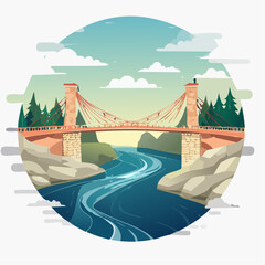 illustration of river with stone wall & bridge