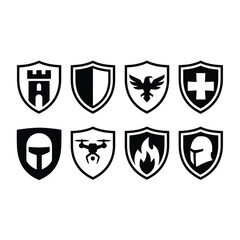 Obraz premium Black and white shield icons with various symbols on white background