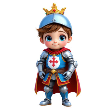Cute Cartoon Boy in Knight Outfit with Silver Armor, Blue Cape, and Gold Crown, Perfect Hero Character Design