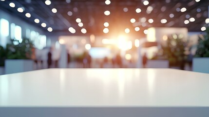 Blurred Expo with Counter: An inviting blurred image featuring a counter at a modern expo, with soft lighting and people in the background, perfect for showcasing products or services.