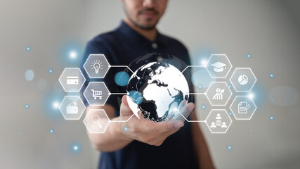 Businessman using smartphone, doing online transaction with internet technology, concept connecting data all over the world, anywhere anytime, big data, searching for information, online marketing