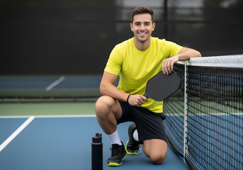 Fit Young Man Holding Pickleball Paddle Smiling at Net with Copy Space