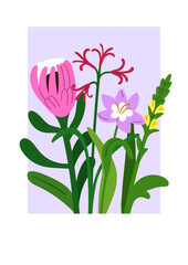 Floral card. Summer flower blossoms, garden blooms mix on framed background. Spring nature poster, gorgeous beautiful delicate gentle buds, stems. Botanical romantic flat vector illustration