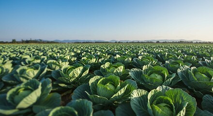 Fototapeta premium Vast Cabbage Field Under a Clear Blue Sky Agricultural Landscape Photography
