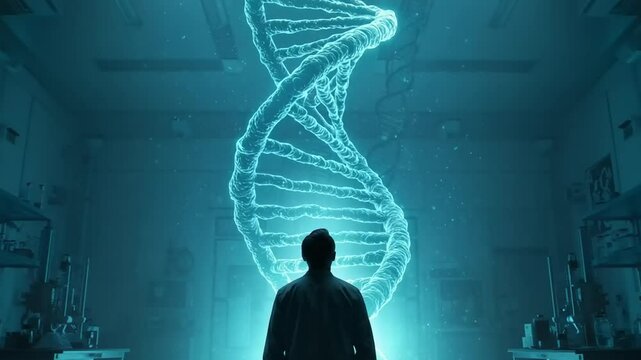 Scientist observing a glowing DNA strand in lab - Powered by Adobe