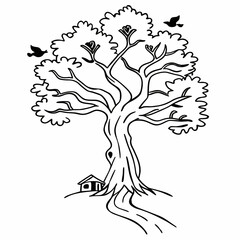 Fototapeta premium A line art design prompt featuring a whimsical, stylized depiction of a majestic, ancient oak tree with sprawling branches reaching out to the sky. The tree's roots are intertwined with a winding rive