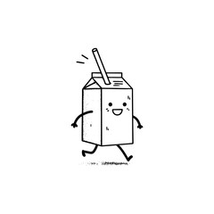 Fototapeta premium Cute hand drawn doodle of smiling milk carton with straw walking joyfully for kids menu, breakfast product branding or fun food blog icon in minimal black and white on transparent background
