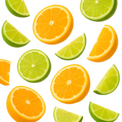 Obraz premium Fresh orange and lime slices scattered together isolated on transparent background